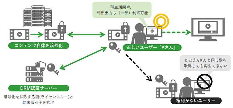 DRM システムの構成図。暗号化コンテンツ配信サーバーと復号鍵配信サーバー、クライアント端末の関係を示す